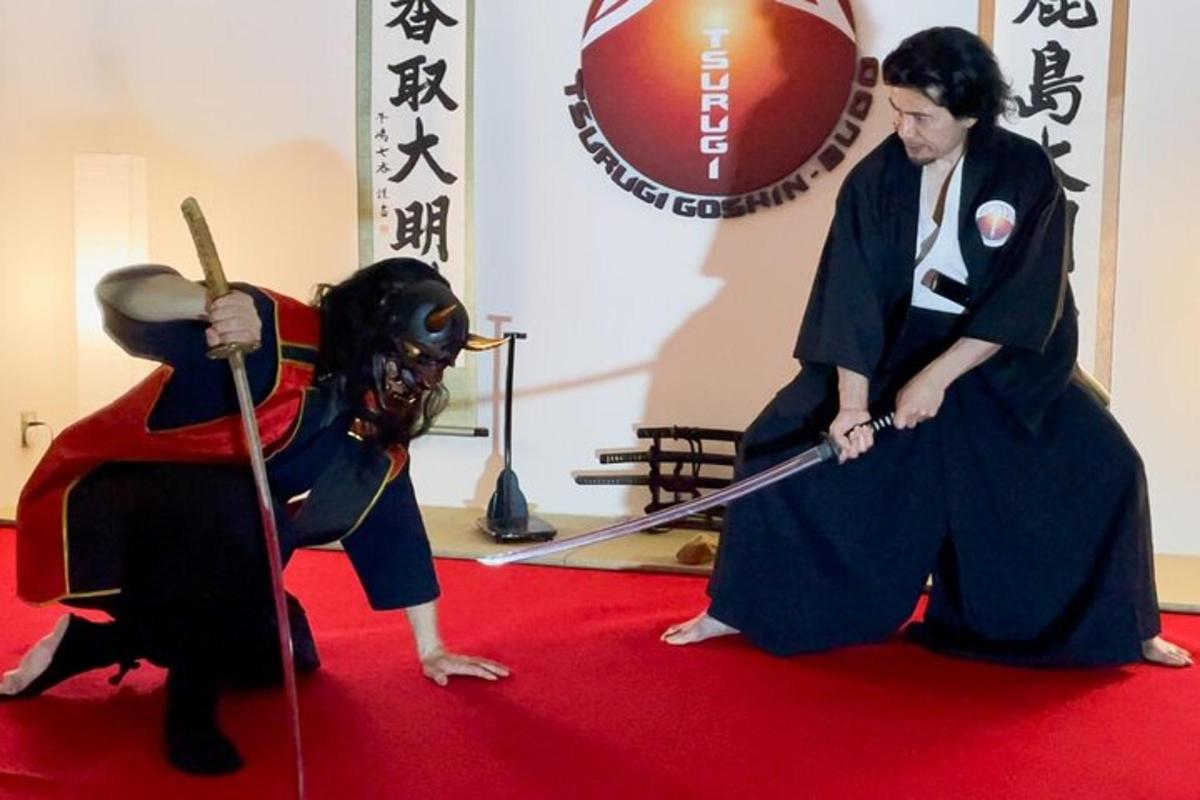 a man standing next to a dog with a samurai