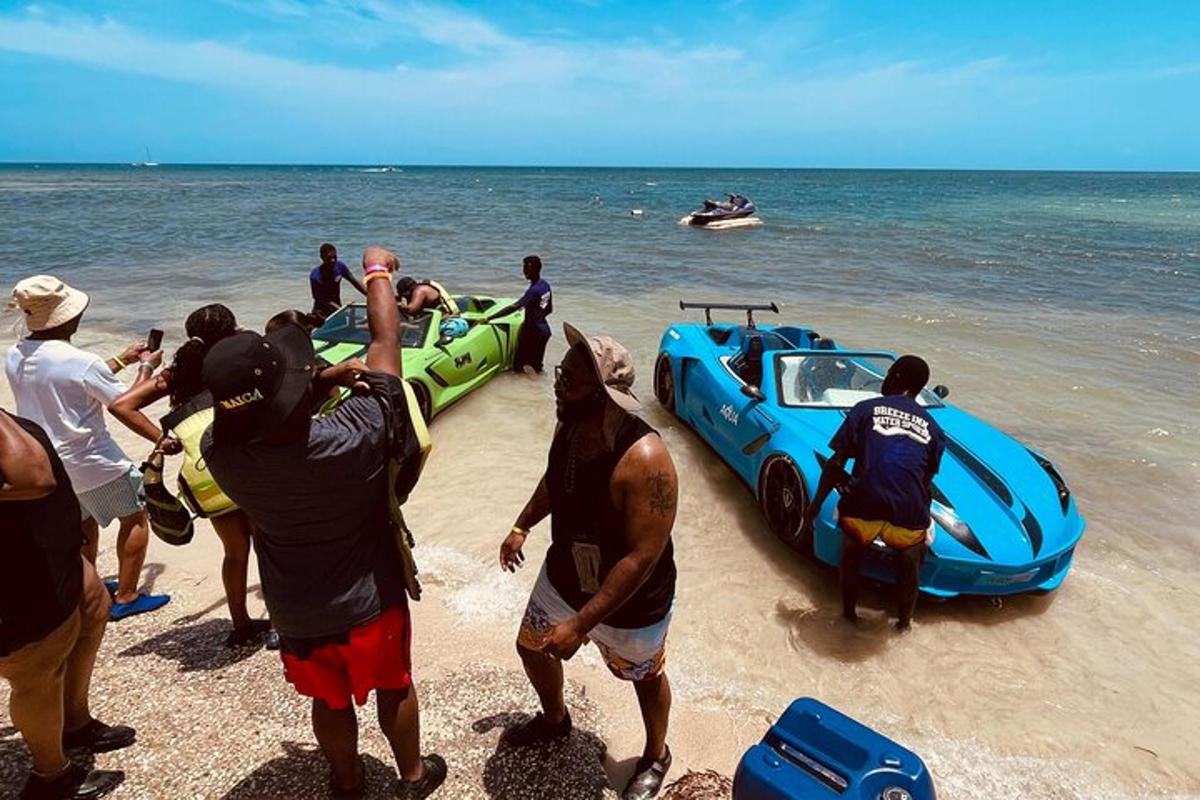 a group of people on a beach with a boat