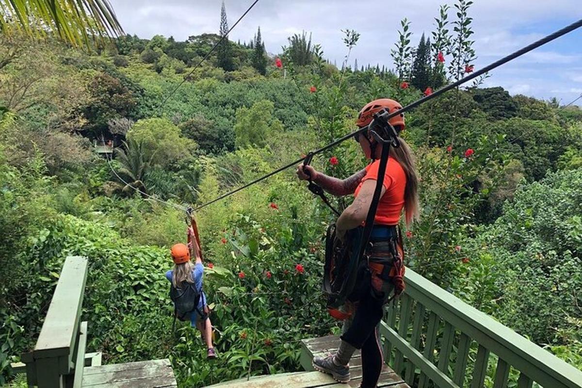 bir köprünün üzerinden zipline ile geçen iki kişi