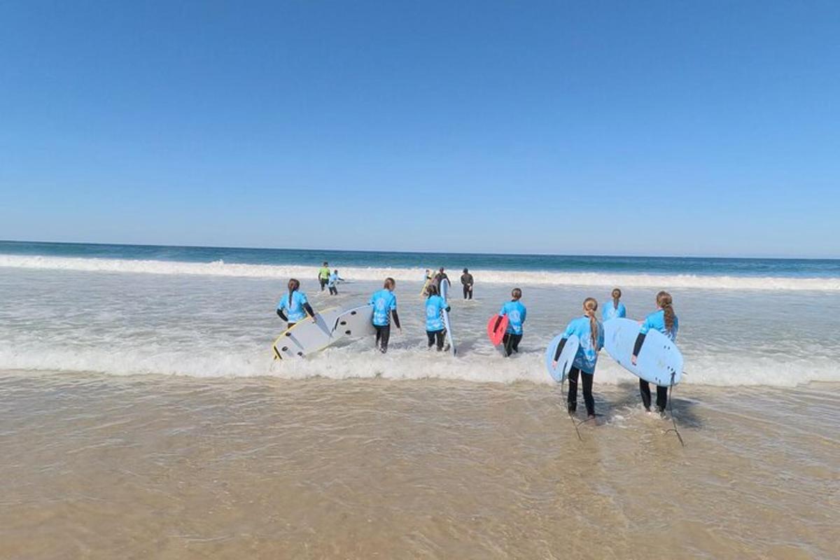 grupa ljudi hoda plažom s daskama za surfanje
