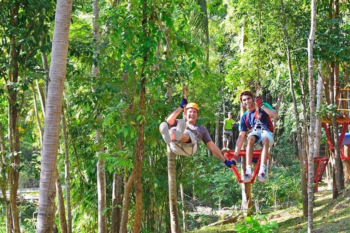 tři lidé jedoucí na zipline ve stromech