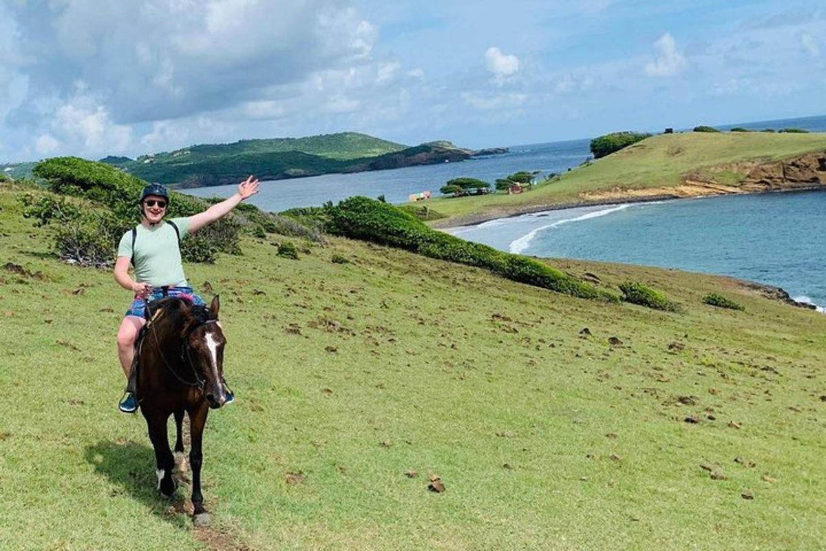 a woman riding a horse on a hill next to the ocean