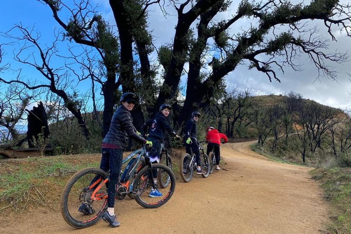 um grupo de pessoas andando de bicicleta em uma estrada de terra