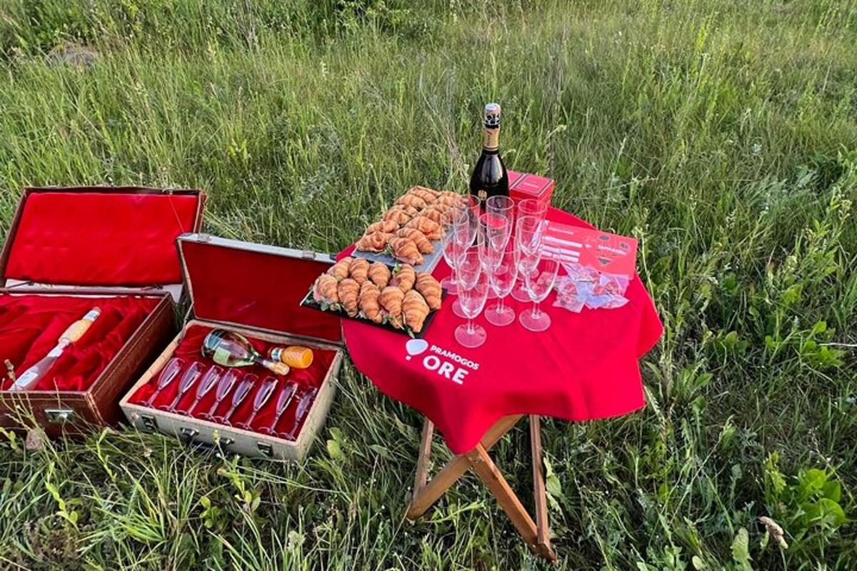 rautt borð með glösum og mat og flösku af víni