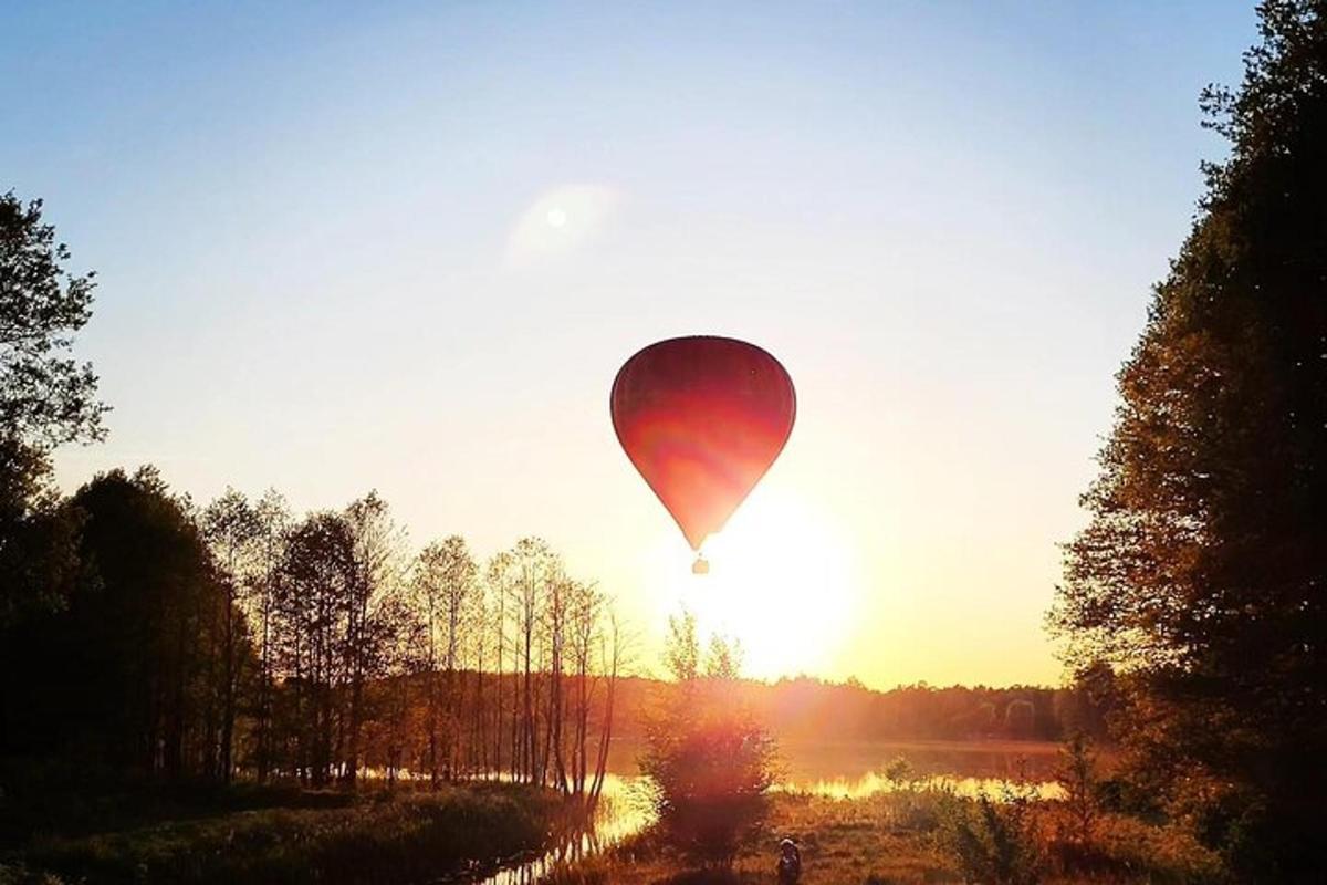 una mongolfiera sta volando sopra un lago