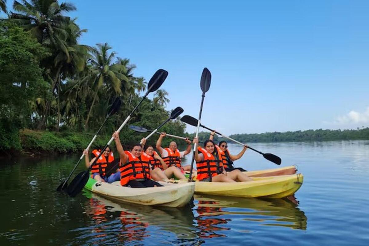 a group of people in kayaks on the water