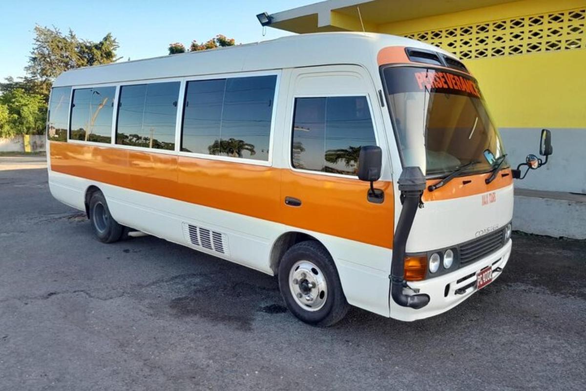 bílý a oranžový autobus zaparkovaný vedle budovy