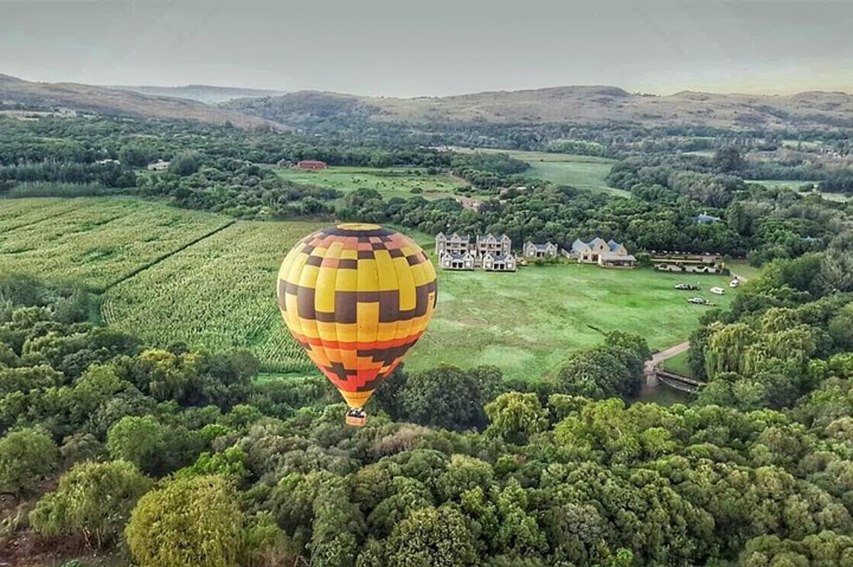 Žlutý horkovzdušný balón letící nad polem