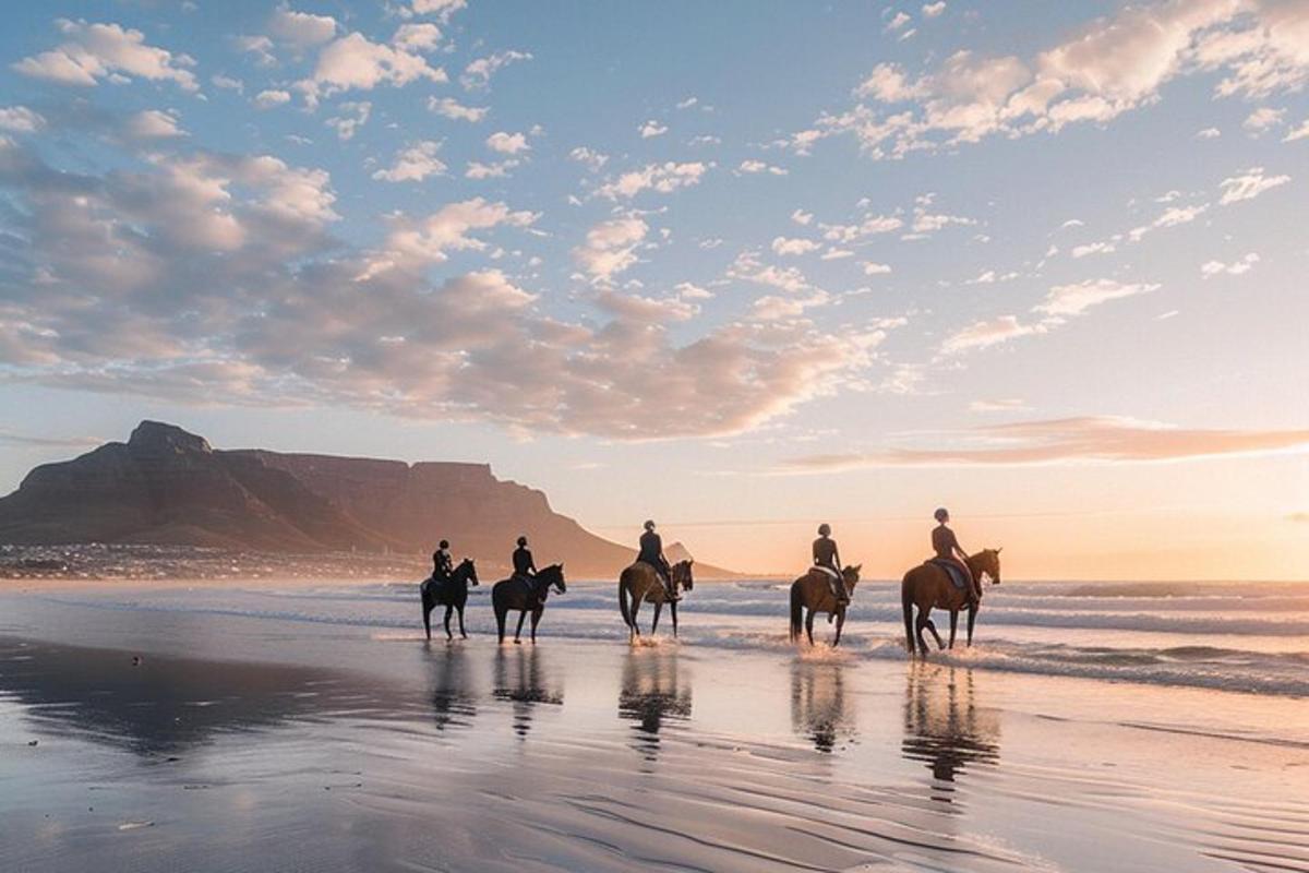 een groep mensen die op paarden op het strand rijden
