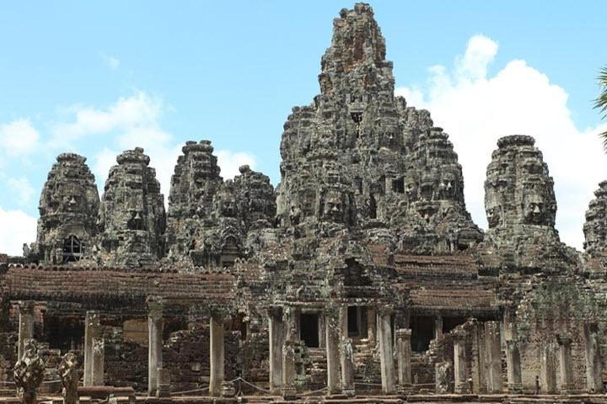 a group of stone temples in front