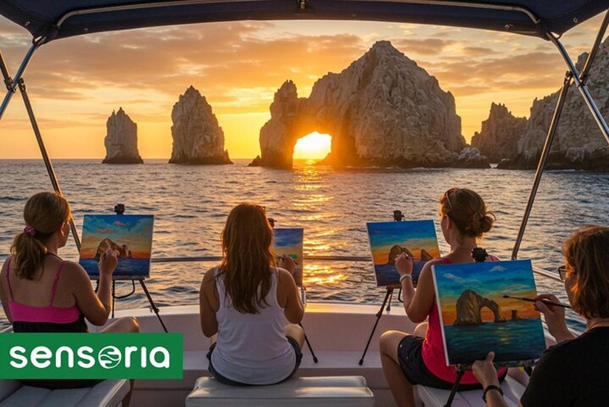um grupo de pessoas em um barco pintando um pôr do sol