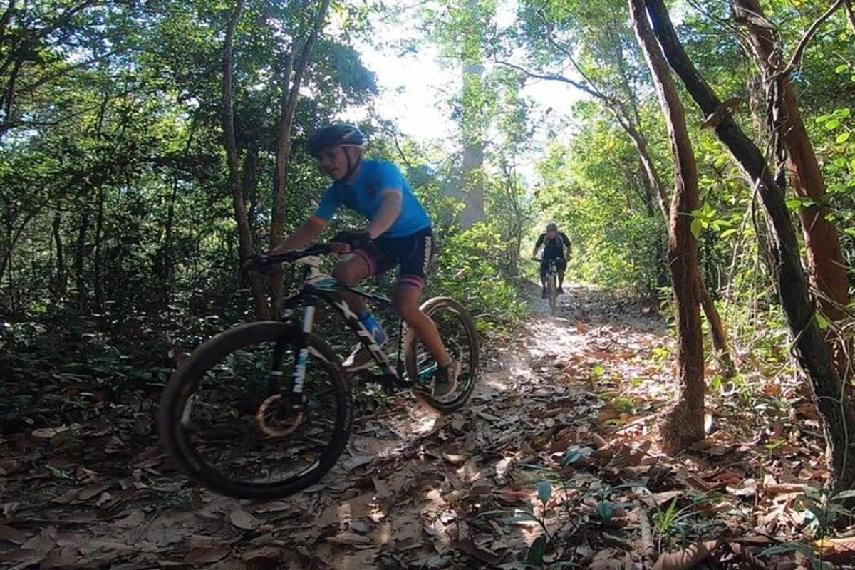 isang taong nakasakay sa bisikleta sa isang tugaygayan sa kakahuyan