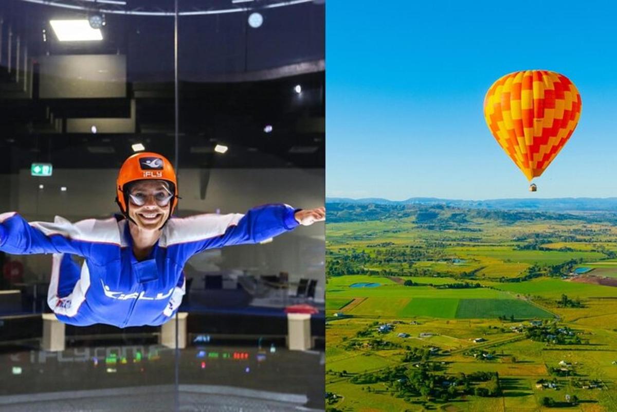 a man is flying a hot air balloon