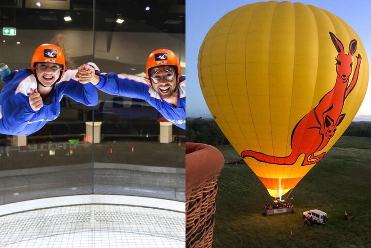a man in an orange hat and a hot air balloon