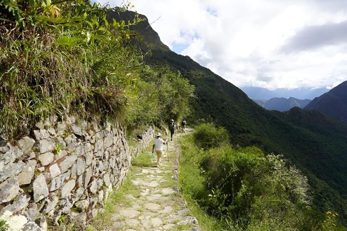 um homem caminhando por um caminho de pedra próximo a uma parede