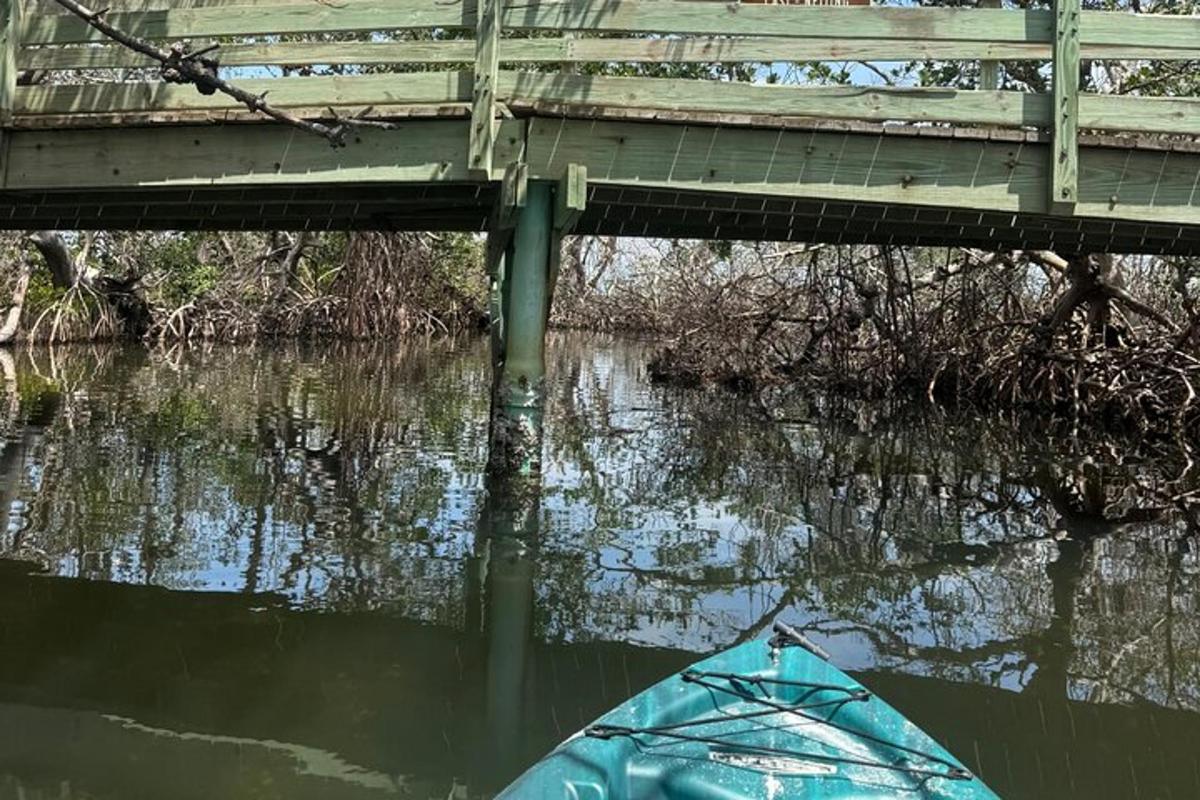 un kayak fermo nell'acqua sotto un ponte