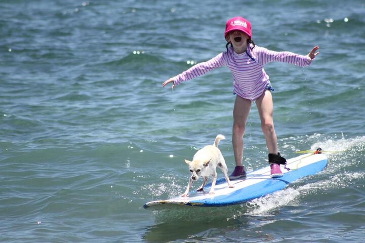una nena petita muntant una taula de surf amb un gos a sobre
