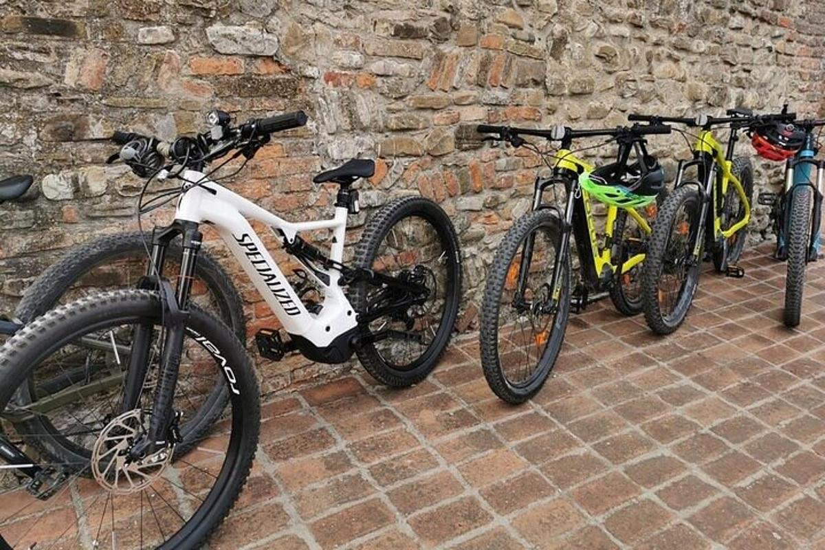 un gruppo di biciclette parcheggiate contro un muro di mattoni