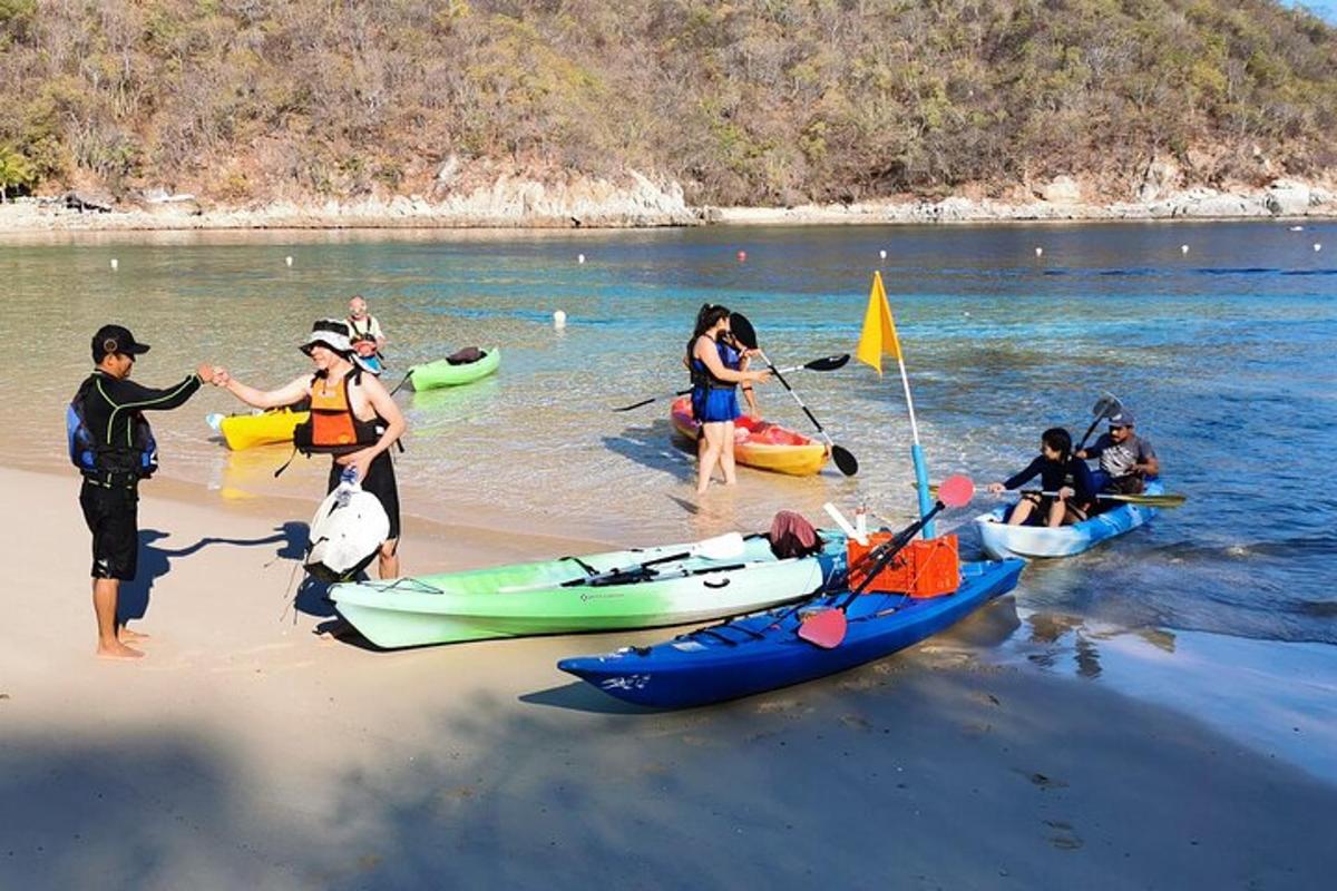 skupina ljudi na plaži s kajaki