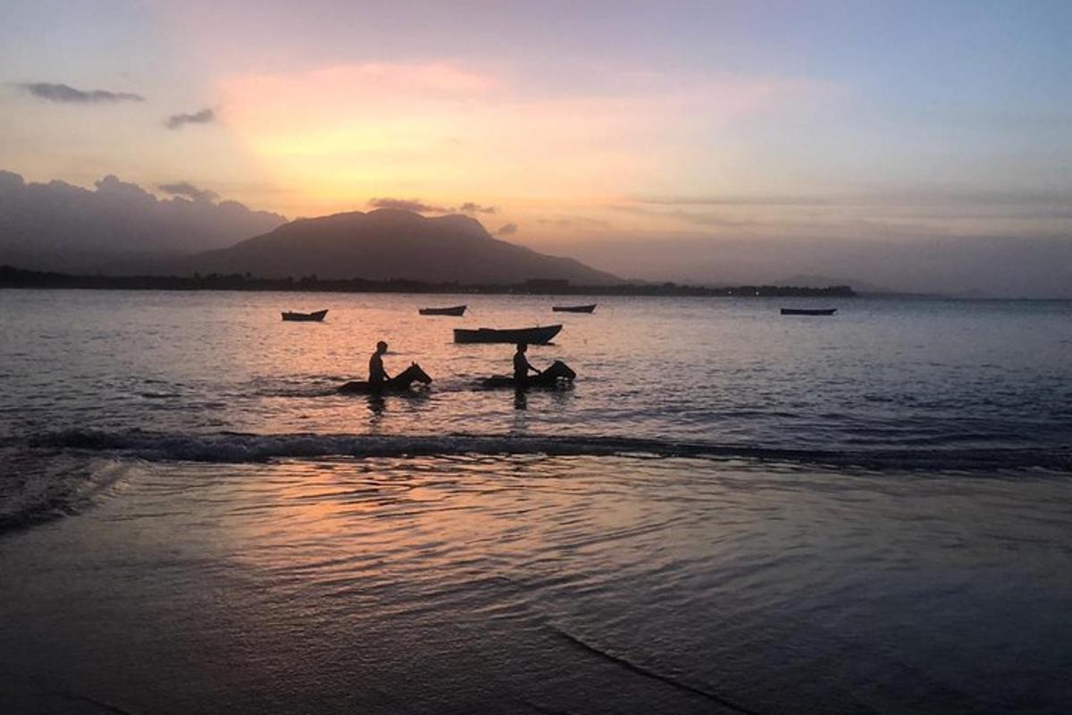 a couple of people in the water at sunset