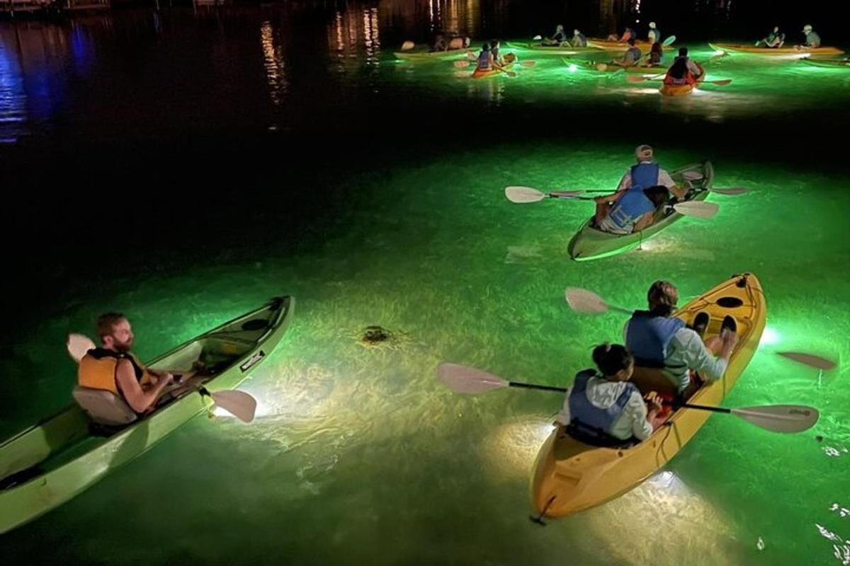 un gruppo di persone che fa kayak in acqua di notte