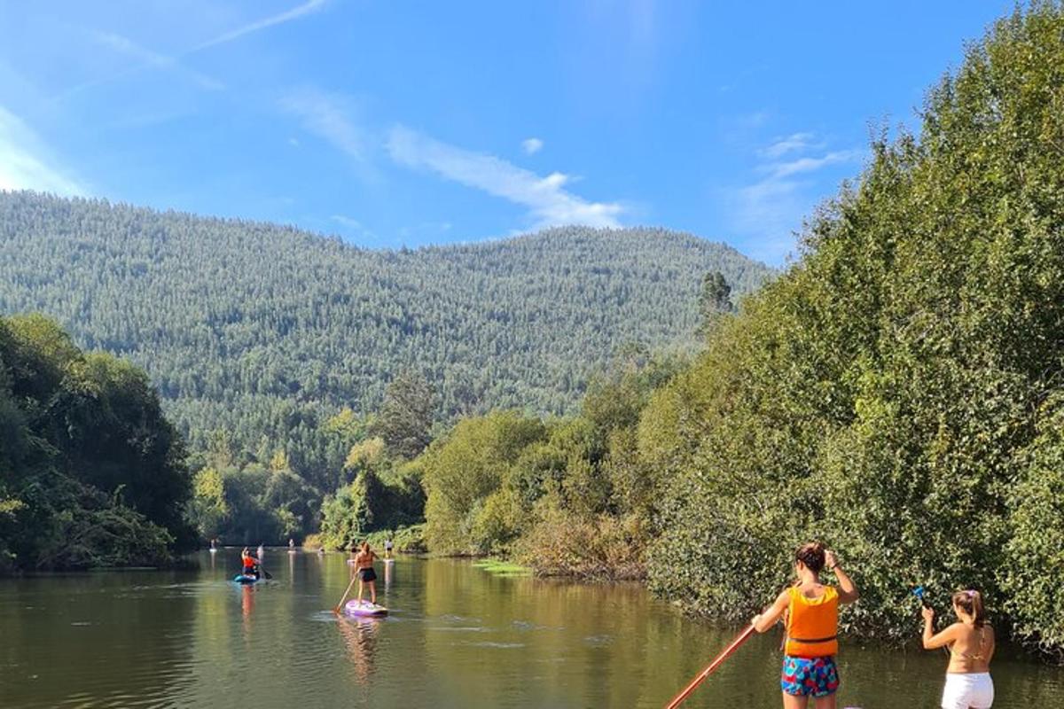 skupina lidí překračujících řeku na paddleboardech