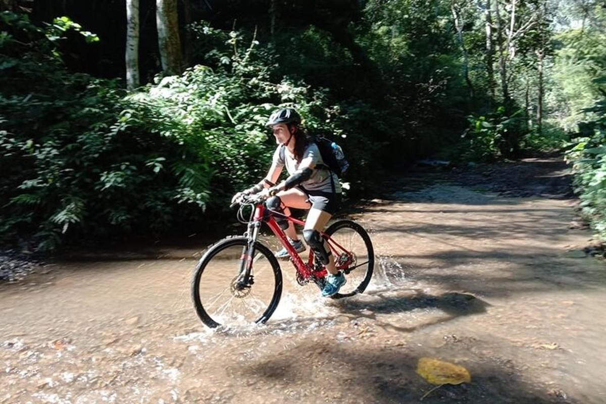 eine Person, die auf einem Feldweg Fahrrad fährt