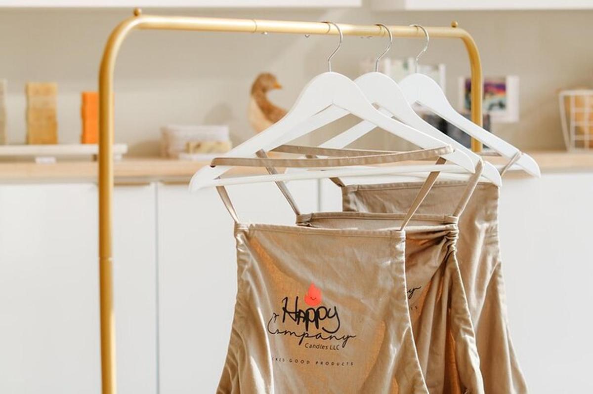 a shopping bag hanging on a rack in a kitchen