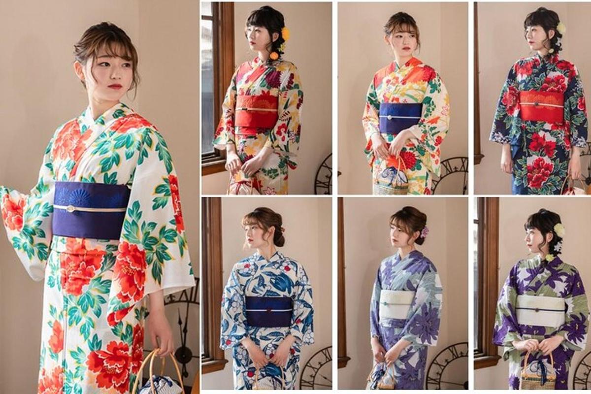 patru imagini cu o femeie purtând un kimono