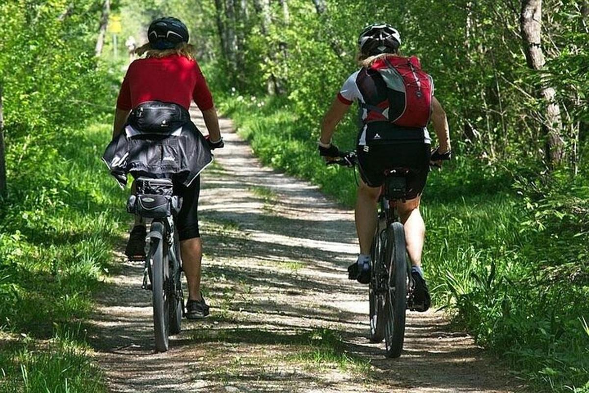 dva lidé jedoucí na kolech po stezce v lese