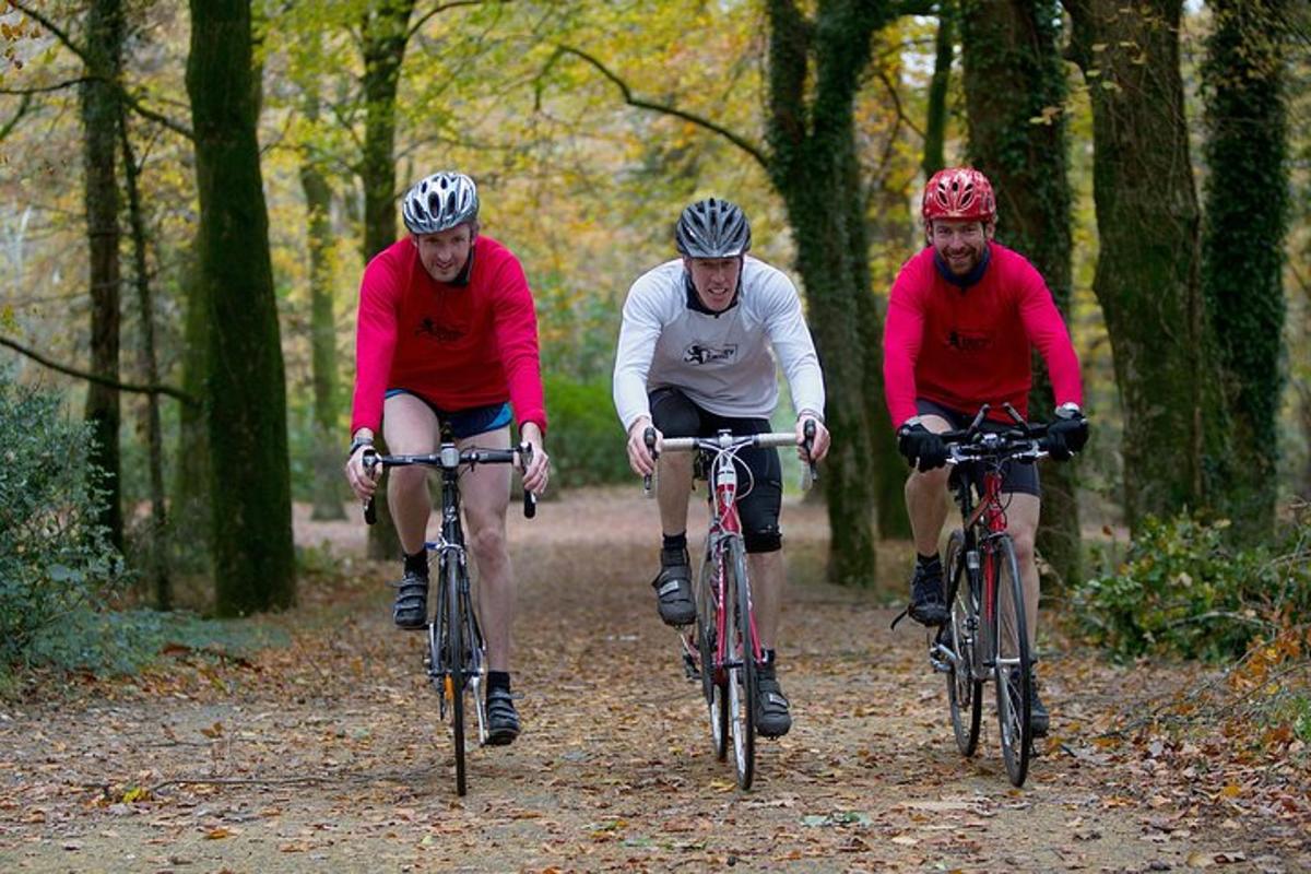a group of three people riding bikes down a trail