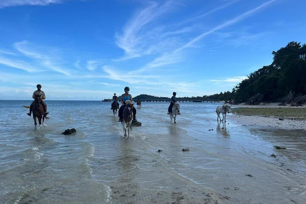 sekelompok orang menunggang kuda di pantai