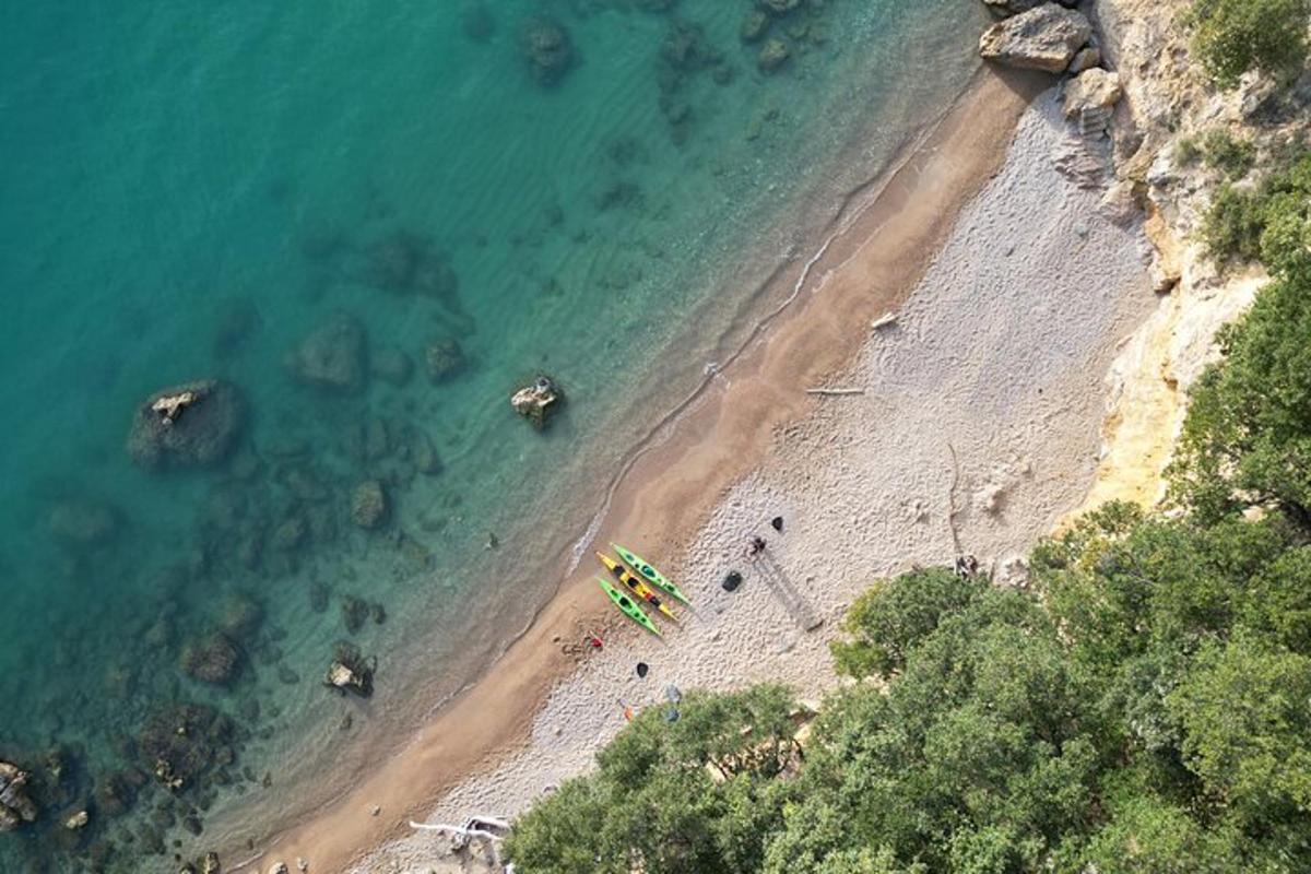 una vista aerea di una spiaggia con un gruppo di persone