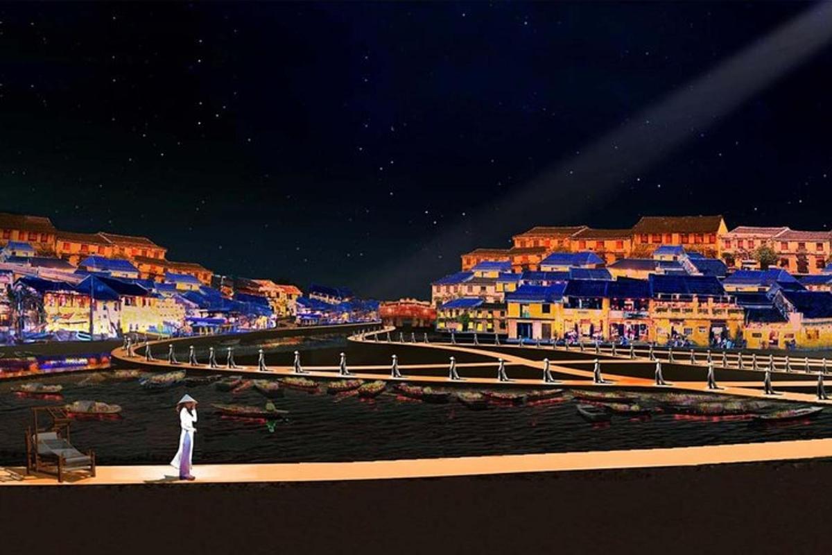 kona stendur á bryggju fyrir framan ána