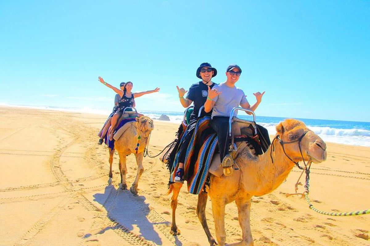 three people riding on horses on the beach