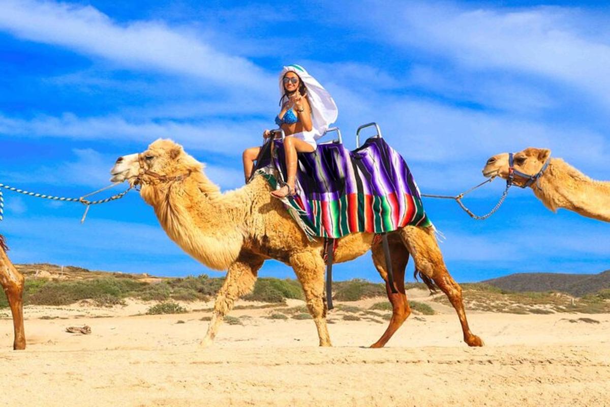 a woman riding on a camel on the beach