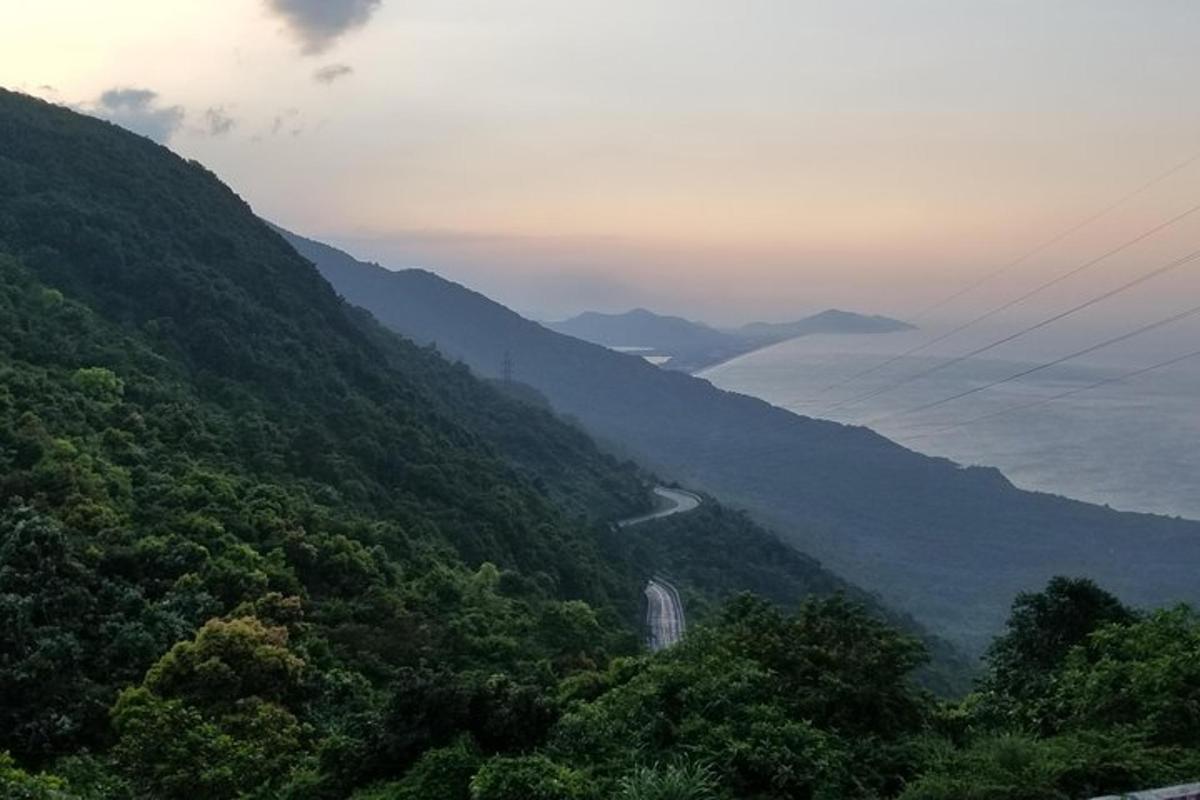 a view of a valley with trees and a road