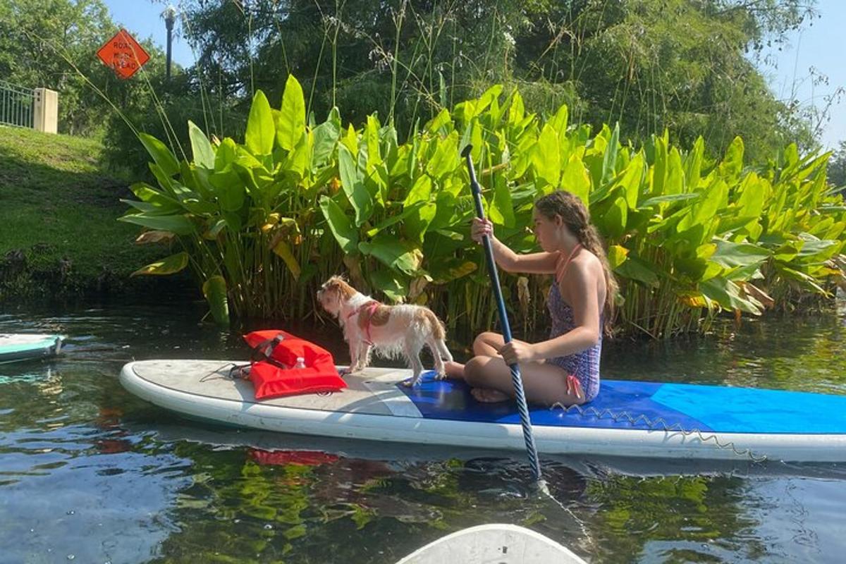 žena sedící na paddleboardu se psem
