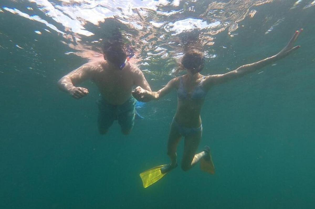 two people are swimming in the water