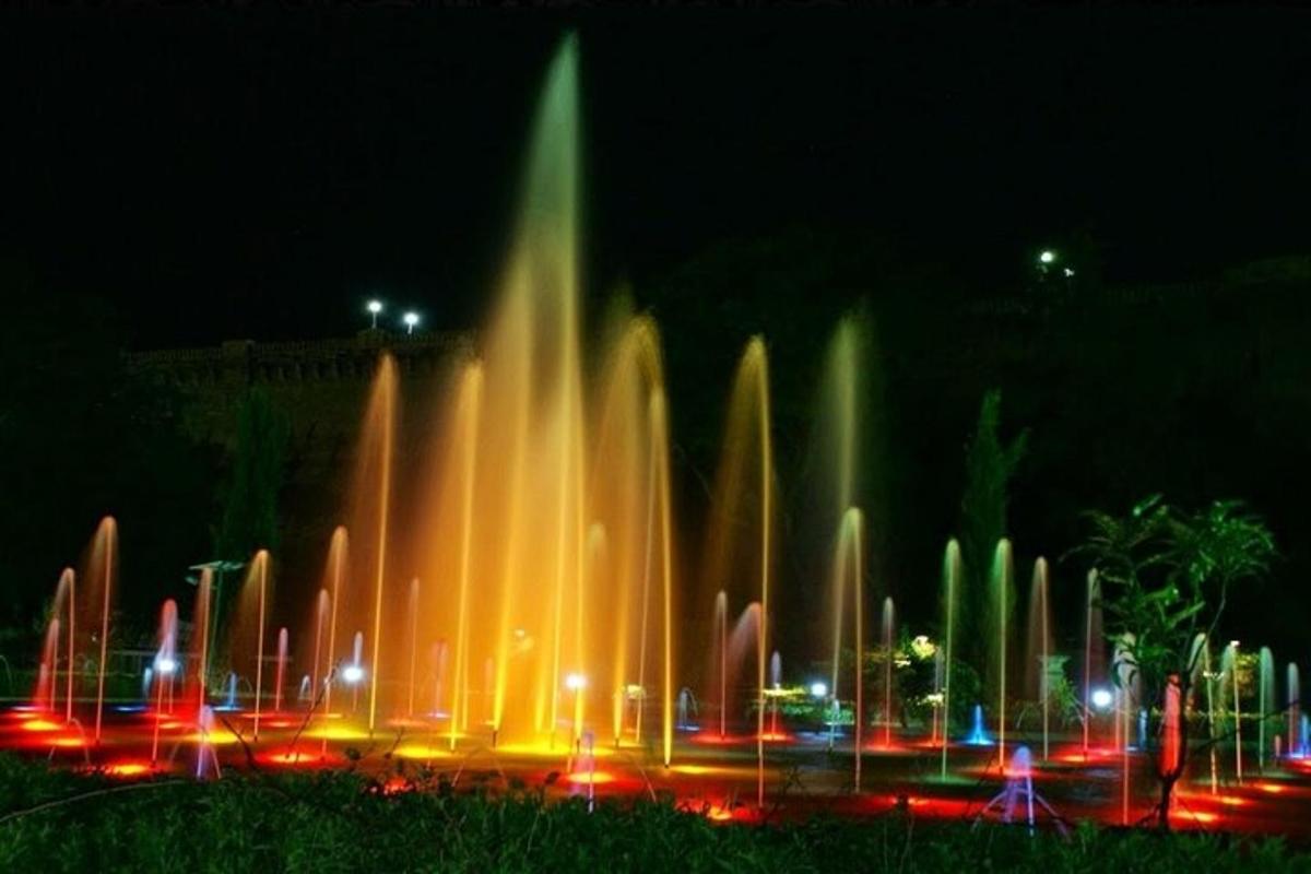 una fontana con luci in un parco di notte