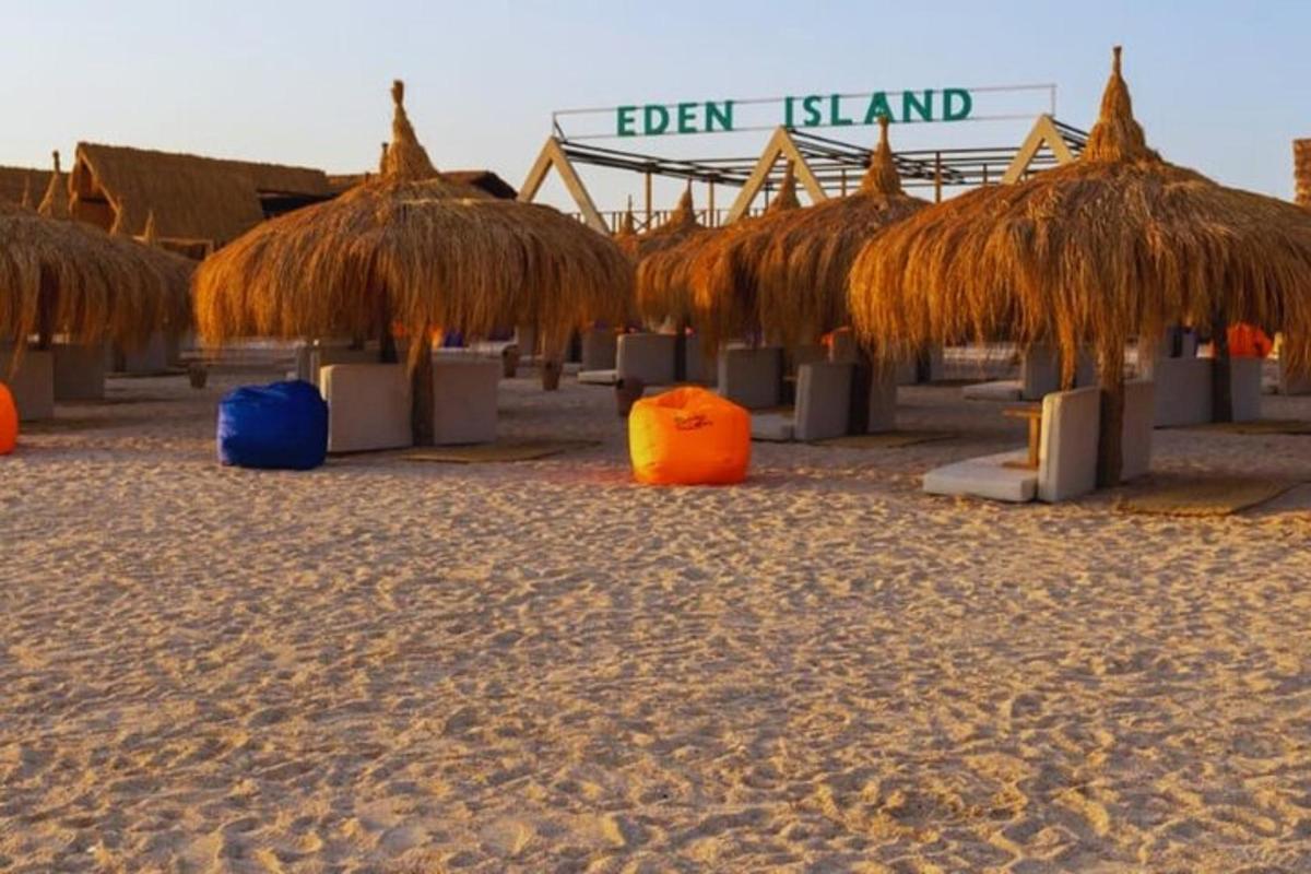 uma praia com alguns guarda-sóis de palha na areia
