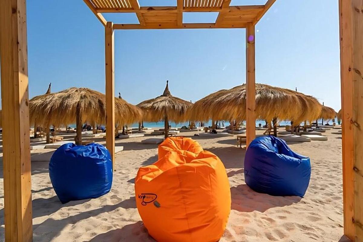 um grupo de bolsas azuis em uma praia com guarda-sóis