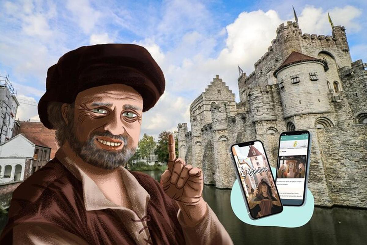 Un cuadro de un hombre con un teléfono móvil y un castillo.