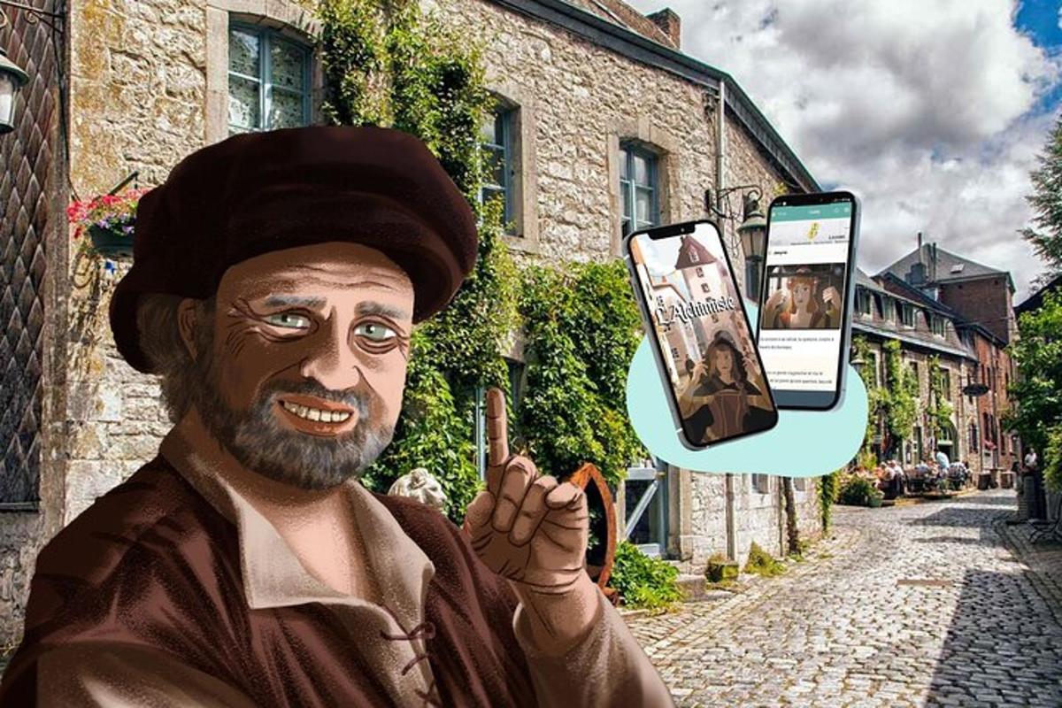 ein Gemälde einer Statue eines Mannes, der ein Mobiltelefon hält