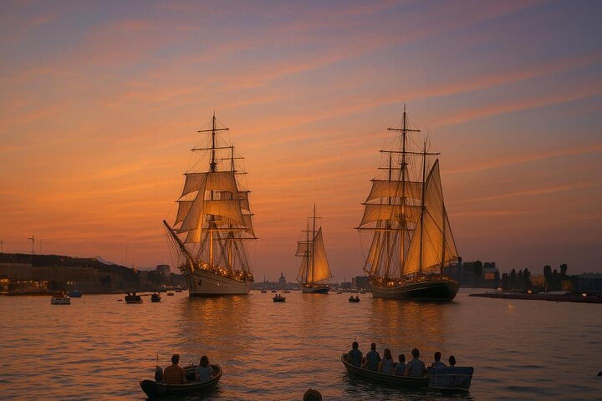 eine Gruppe von drei Großseglern im Wasser bei Sonnenuntergang