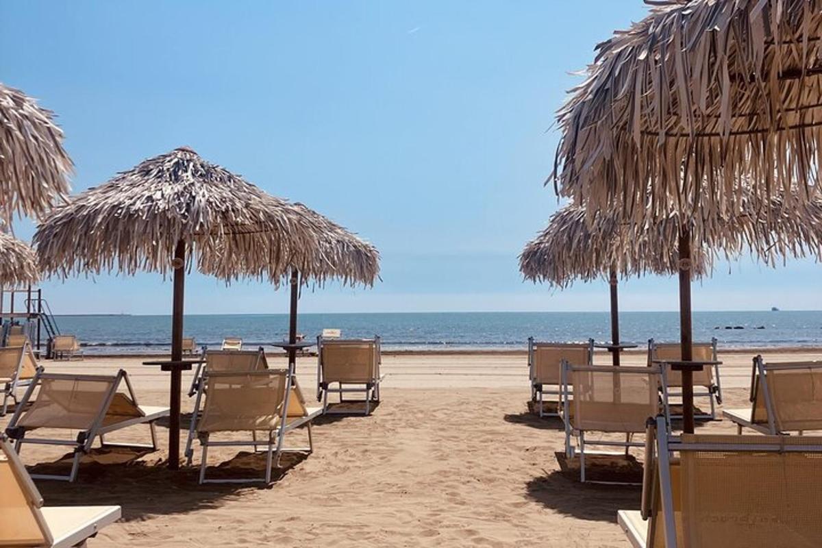 una platja amb cadires i para-sols de palla i l'oceà