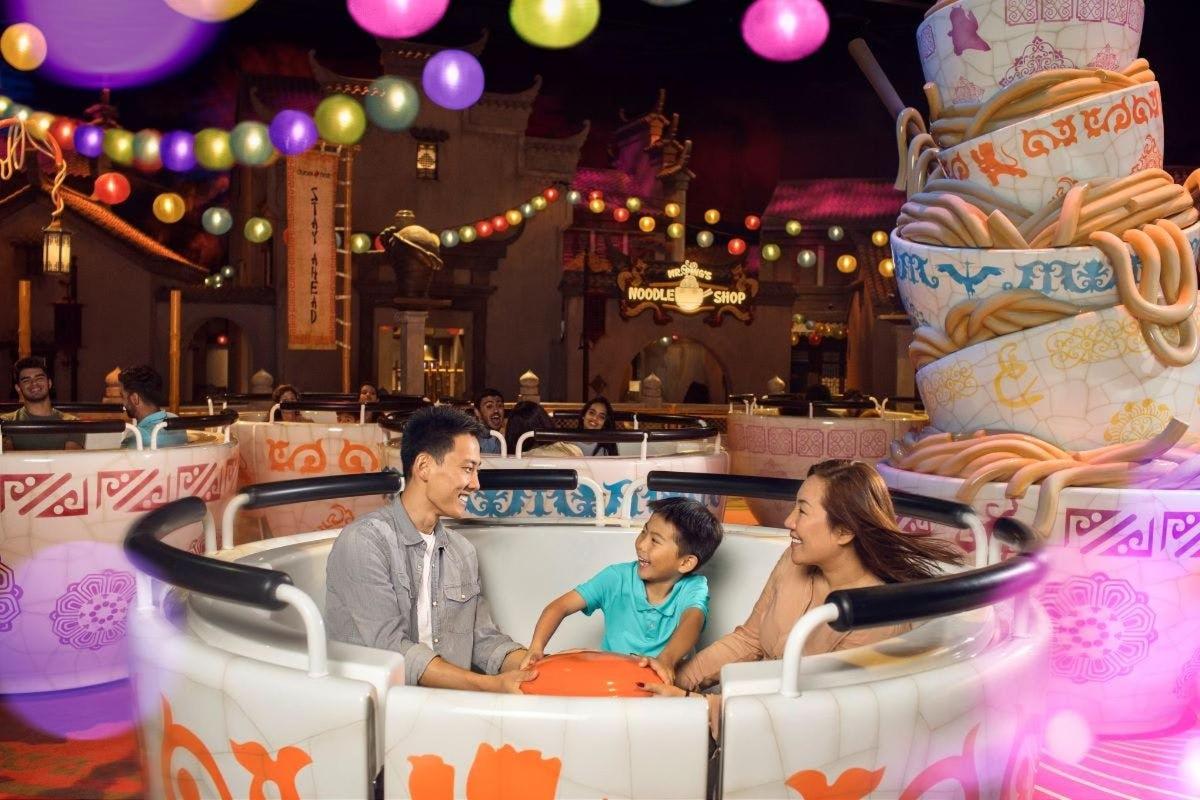 a family riding a roller coaster in a theme park