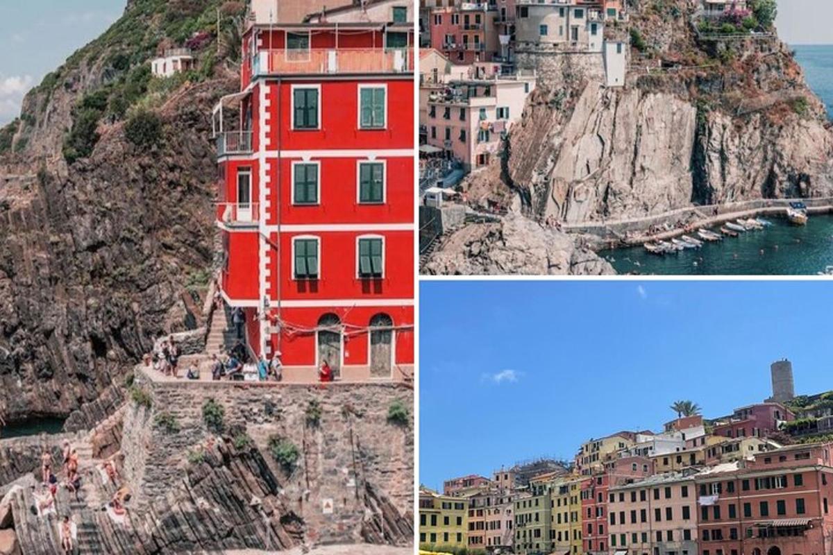 un collage d'imatges amb un edifici vermell a la muntanya