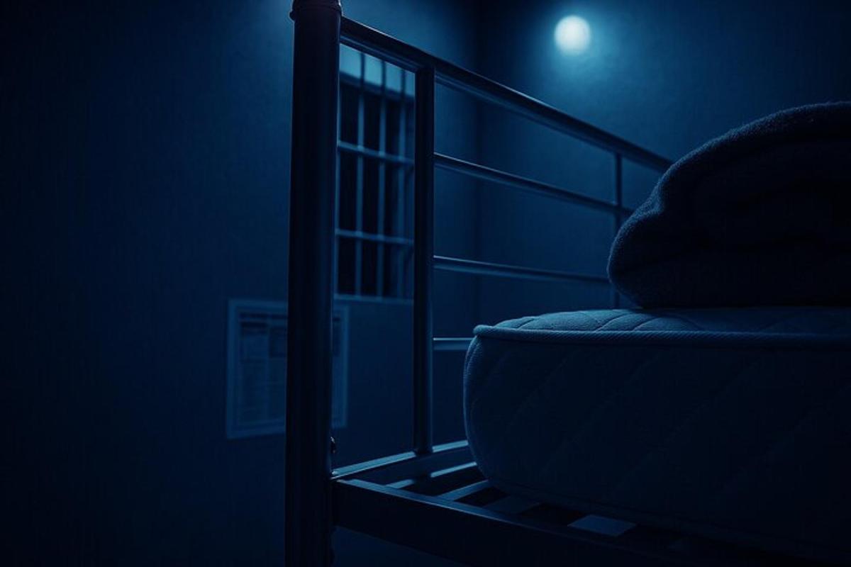 un dormitori amb un llit en una habitació blava