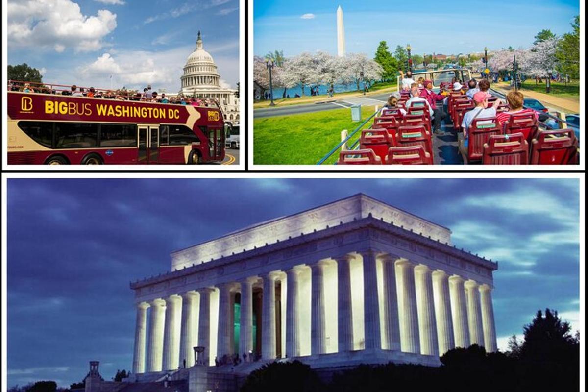 um ônibus de dois andares em frente ao monumento de Washington